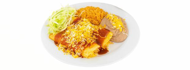 10. Two Cheese Enchiladas Combination Plate · Two cheese enchiladas smothered in red enchilada sauce with cheese and lettuce on top served with rice and beans on the side (corn tortilla enchiladas).