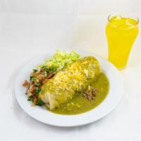 Smothered Burrito Special · Our smothered burrito comes with chopped pork cooked in chile verde with rice and beans insi...