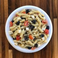 Pasta Salad · Fusilli pasta & Spinach fusilli with fontinella cheese, black olives, tomatoes and olive oil.