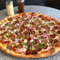 Big Meat Combo Pizza · Pepperoni, sausage, green peppers, and onions.