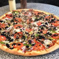 Veggi Combo Pizza · Mushrooms, olives, onions, tomatoes, and green peppers.