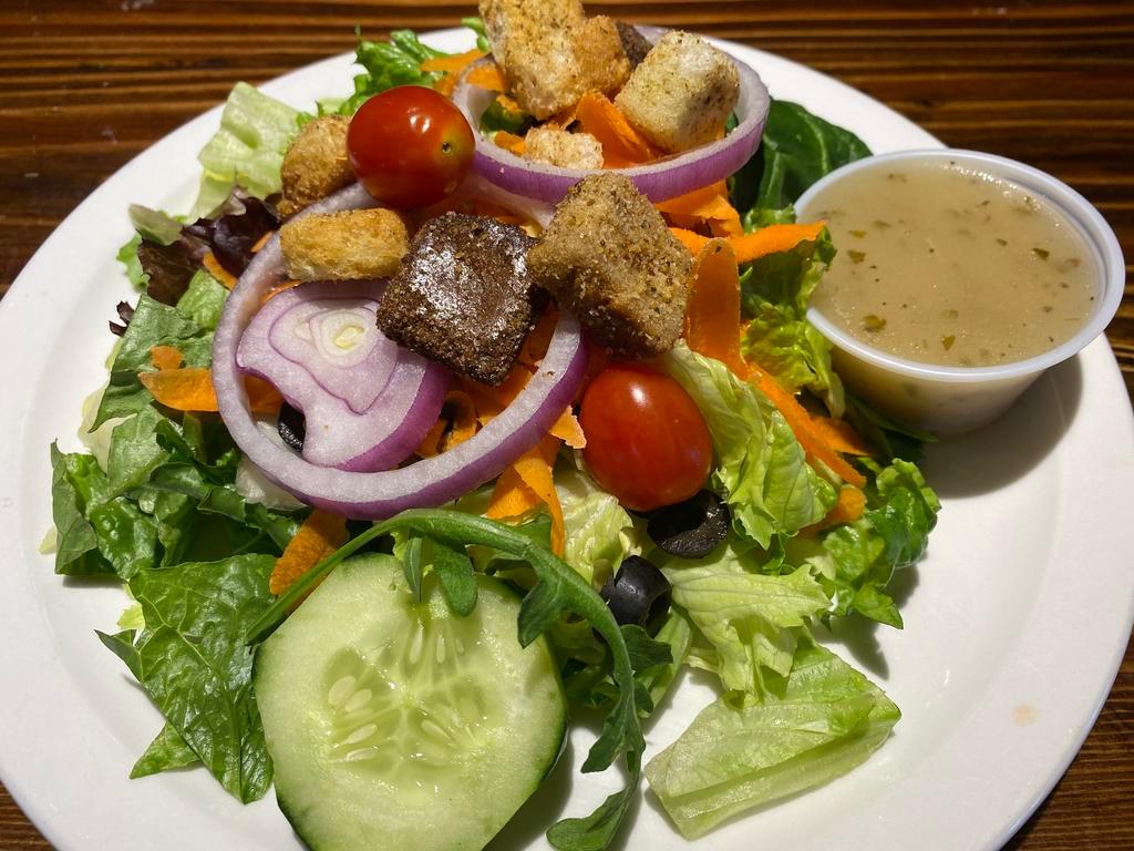 House Garden Salad · Freshly mixed greens, tomatoes, carrots, cucumbers and black olives topped with seasoned croutons.