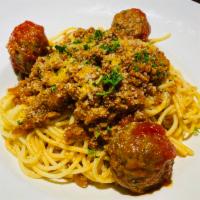 Spaghetti Bolognese · In our delicious meat sauce. Add meatballs or sausage for an additional charge.Your Choice o...