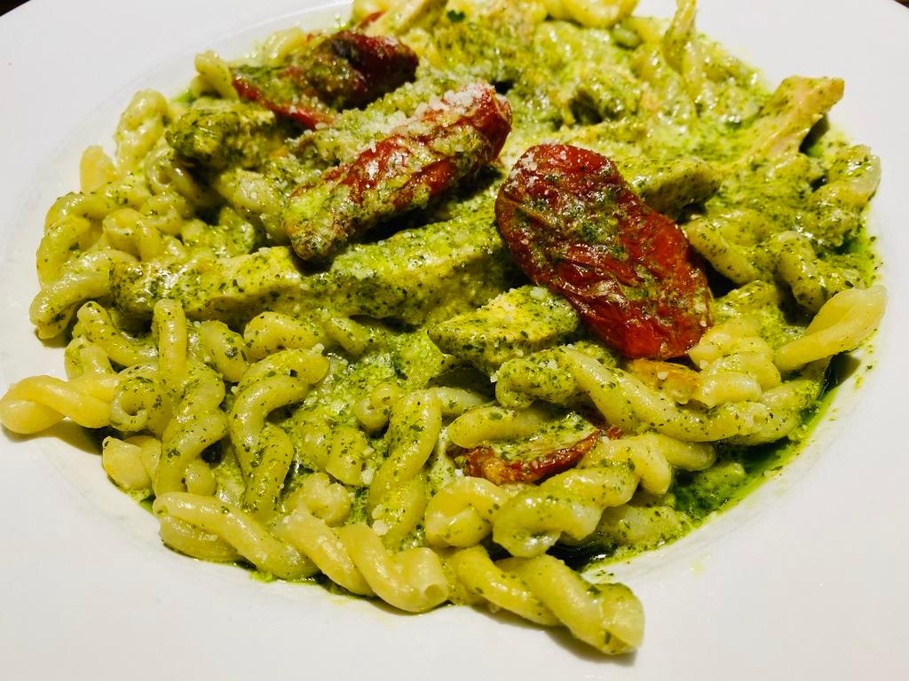 Gemelli al Pesto · House made twisted pasta with grilled chicken and sun-dried tomatoes in our creamy pesto sauce. Your Choice of Soup or Salad & Garlic Bread.