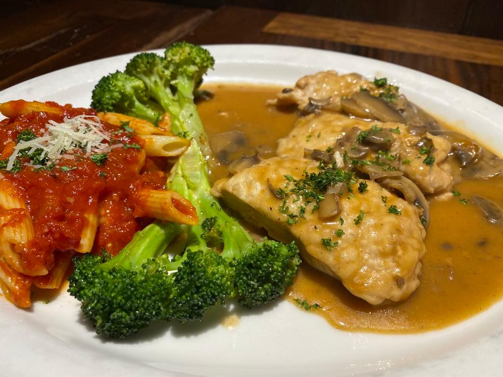 Chicken Marsala · Chicken breast sautéed in a marsala wine sauce with sliced mushrooms served with pasta marinara and broccoli.Your Choice of Soup or Salad & Garlic Bread.