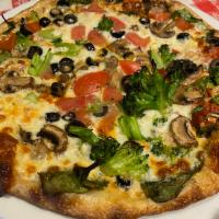 Veggie Specialty Pizza · Tomatoes, mushrooms, broccoli, black olives, spinach, cheese, and lettuce.
Any additional to...