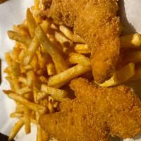 Kids Chicken Strips & Fries · 2 Breaded Chicken Strips with a side of french fries.
