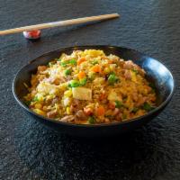 Chicken Fried Rice · Japanese style stir-fried rice with chicken, beaten egg, and vegetables.