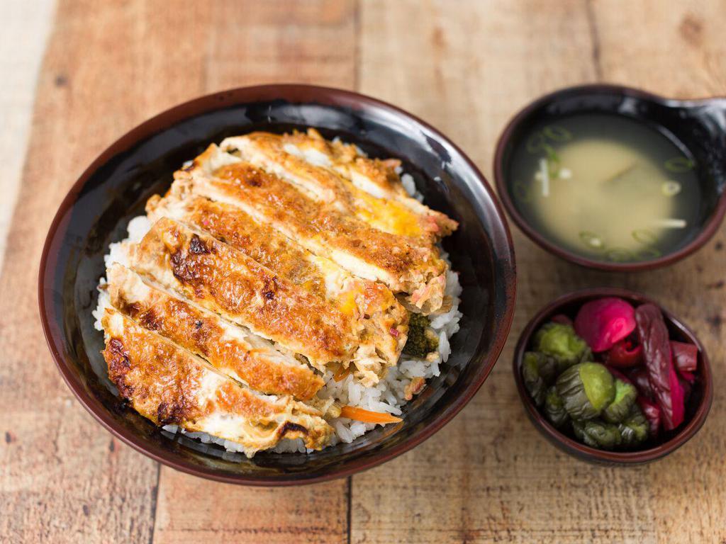 Chicken Katsu · Served with miso soup, salad and white rice.