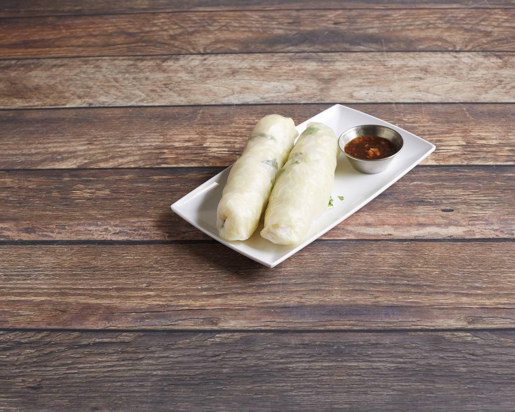 Vietnamese Style Spring Rolls · Chicken, shrimp,  iceberg lettuce bean sprouts, cilantro, basil, noodles and tofu or noodles wrapped in steamed rice paper and served with peanut sauce.