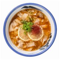 Spicy Gyoza Soup · Pork, green onion, ginger, cabbage, chicken broth, spicy tare, yuzu, sesame, chili threads, ...