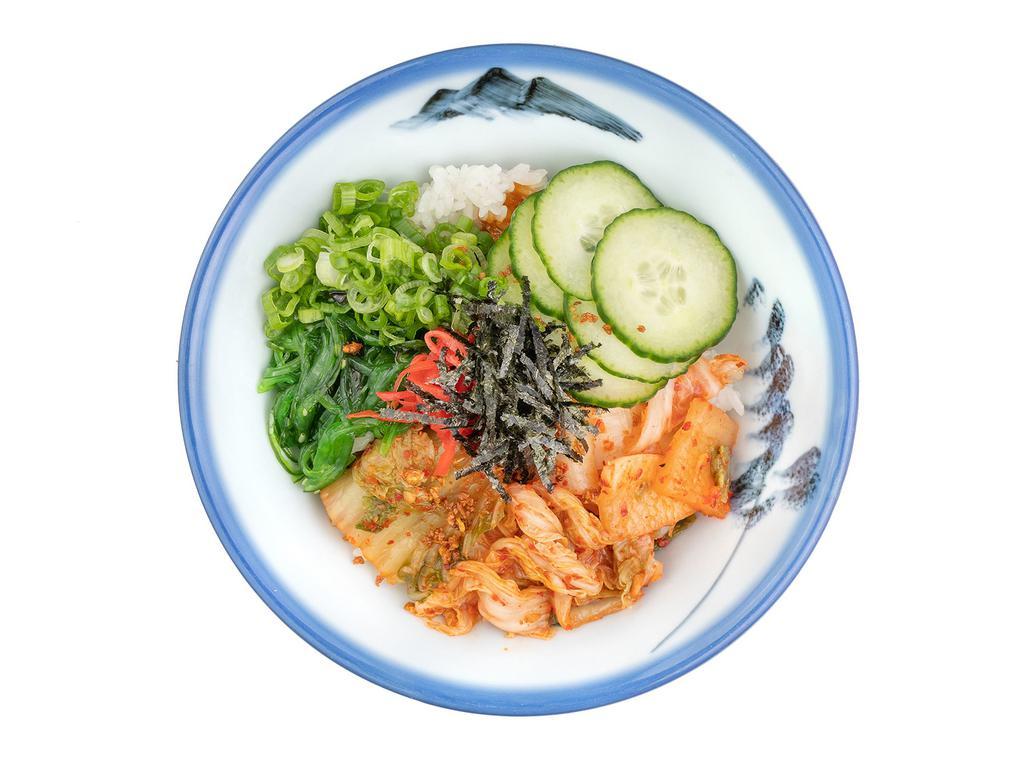Kimchi Gohan · Kimchi, wakame, sesame, green onion, cucumber, spicy sauce, garlic chips, nori. Vegetarian.