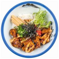 Spicy Tori Karaage Gohan · spicy chicken karaage, chili sauce, spicy mayo, frisee, green onion, pickled ginger, nori, s...