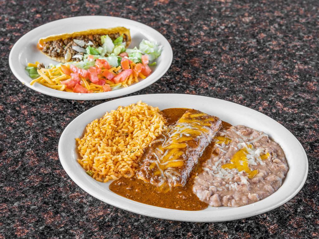 Enchilada and Crispy Beef Taco Plate · Cheese and onion enchilada with chili con carne, and a crispy beef taco. Served with rice and beans.