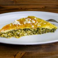 Spanakopita Platter · Homemade savory spinach pie. Served with Greek salad or soup and choice of rice lemon potato...