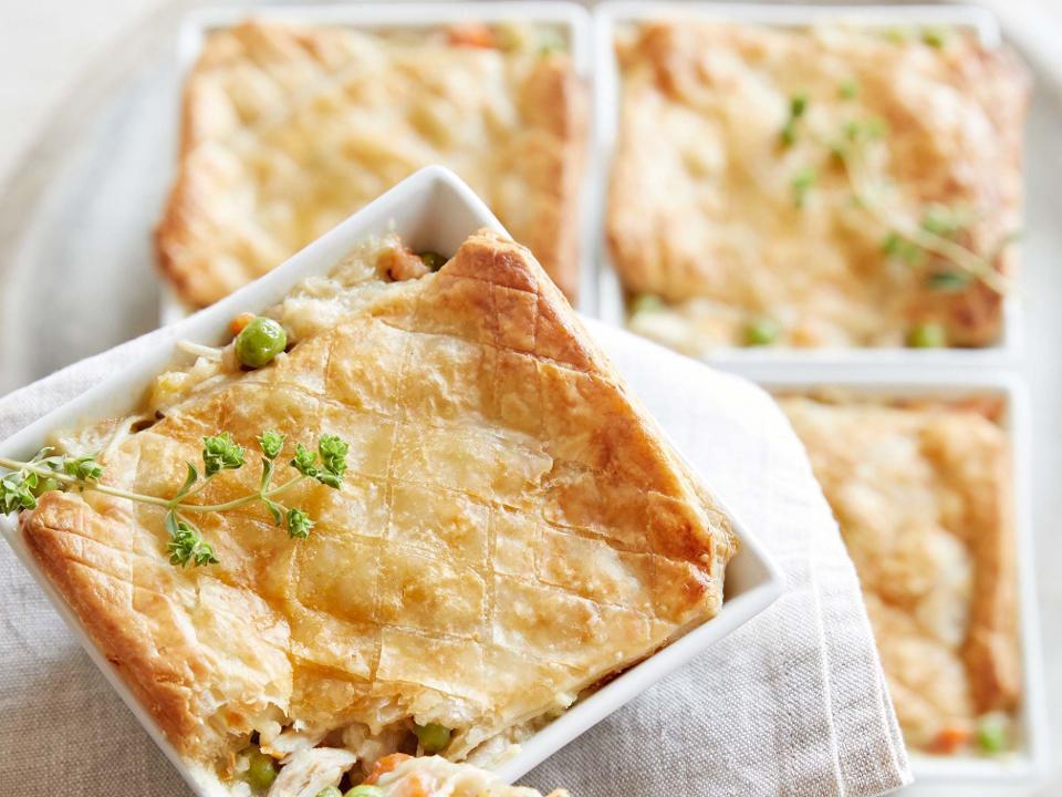 Meal - Chicken Pot Pie - Individual · Chicken, chicken stock, carrots, celery, potato, onion, peas, butter, flour, puff pastry.
Pre-heat oven 350° oven for 30-35 minutes