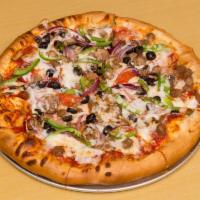 The Works Pizza · Pepperoni, ham, onions, Italian sausage, mushrooms, green peppers, and black olives.