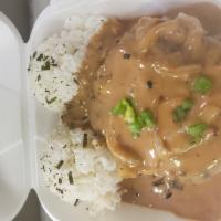 6. Hamburger Steak · Comes with brown gravy and sauteed onions. Includes furikake rice and side of mac salad. Ple...