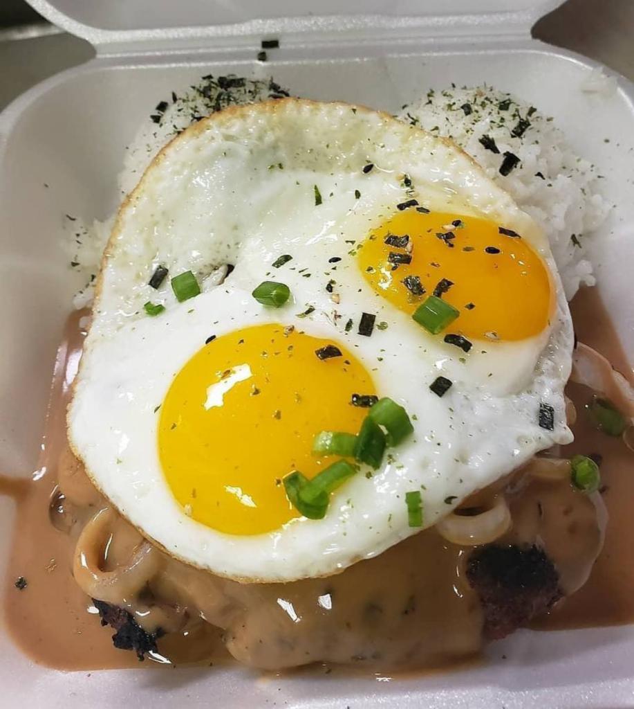 7. Loco Moco  · Comes with 2 eggs any style, brown gravy and sauteed onions. Includes furikake rice and side of mac salad. Please choose a temperature for your burger patty to be cooked and for your 2 eggs.