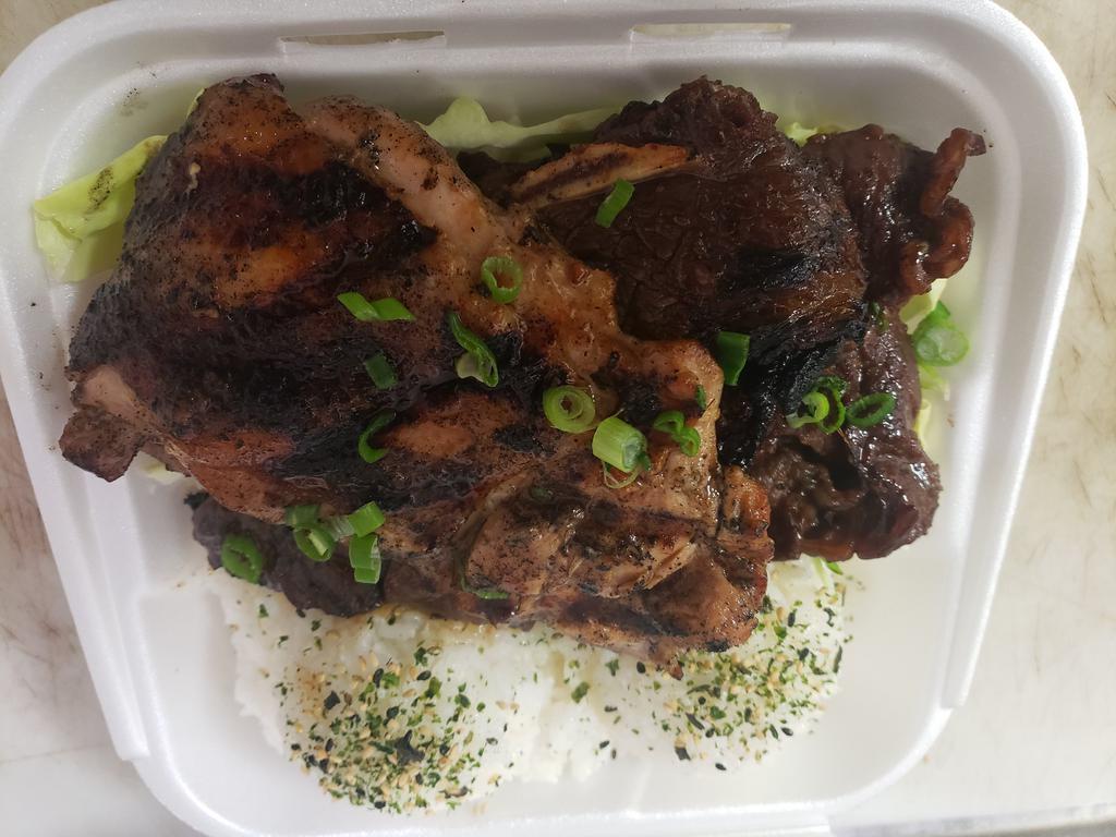 8. BBQ Trio · Short rib, BBQ chicken and teri beef. Includes furikake rice and side of mac salad.