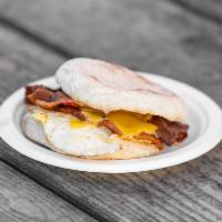 All Day Breakfast Sandwich · Choice of bacon, sausage or both with egg, and Cheddar cheese on an English muffin.