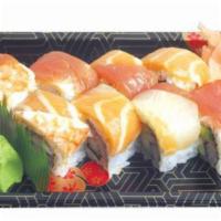 Rainbow Roll · California roll with tuna, white fish, salmon and shrimp on top.