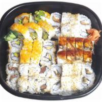 72. Amigo Family Platter · California, shrimp tempura, Latin, crunch, JB and tuna inside out.