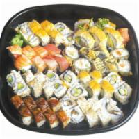 73. U-Boat  Family Platter · California, shrimp tempura, rainbow, salmon tempura, crunch, Latin, tuna inside out, avocado...