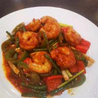 Sambal Shrimp  · Malaysia Style shrimp with long bean, red pepper, Jalapeno in a spicy sambal sauce