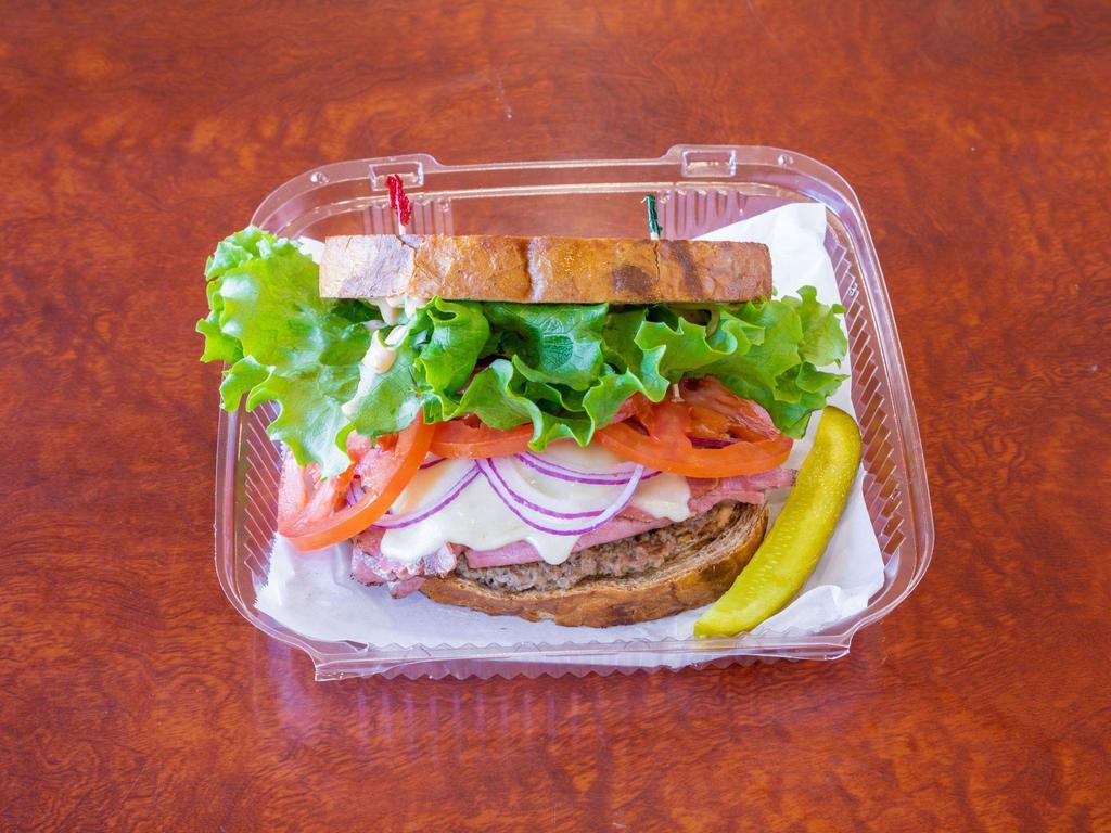 City Square Burger Meal · 1/4 lb. burger and 1/4 lb. pastrami with lettuce, tomato, red onion, Swiss cheese, thousand island on grilled marbled rye.