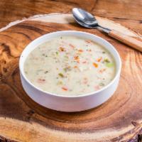 Creamy chicken vegetable soup · chicken with potato, carrot, celery, onion, leek, and a creamy base (contains dairy)