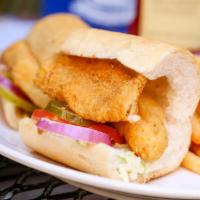 FISH POBOY · Served with 1 fish filet, tartar sauce, lettuce, tomatoe, pickle.