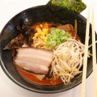 Spicy Miso Tonkotsu Ramen Deluxe · 16 hour braised pork broth, garlic oil, soft boiled egg, chashu(braised pork belly), bean sp...
