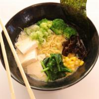 Vegetarian Ramen Deluxe · Creamy vegetarian broth, bok choy, brocolli, kikurage mushroom, tofu, corn, green onion, gar...