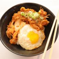 Spicy Pork Don · Saute spicy pork belly over rice with kimchi and fried egg