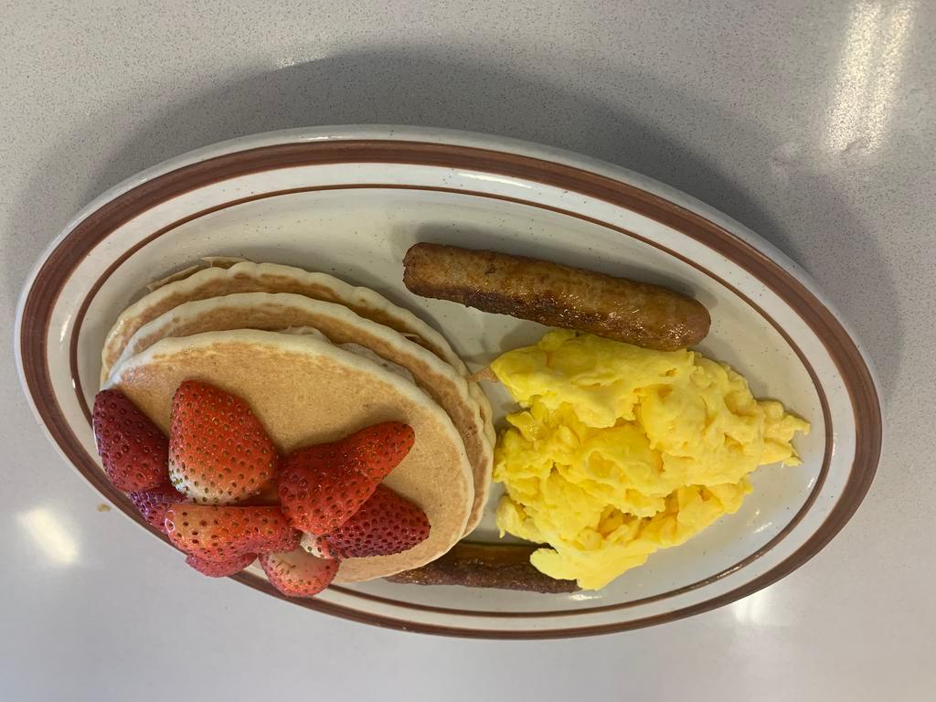 Any Fruit Pancake Combo · Choice of blueberry, strawberry or bananas, 2 eggs, 2 bacon strips or 2 sausage links.