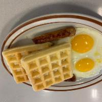 Waffle Combo · 2 eggs, and choice of 2 bacon strips or 2 sausage links.
