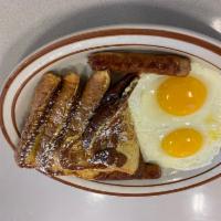 French Toast Combo · 2 slices  of texas bread  whit  powdered  sugar , 2 eggs, and choice of 2 bacon strips or 2 ...