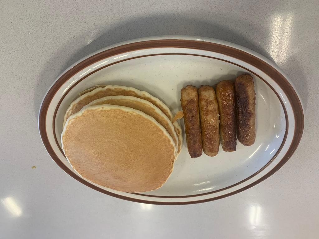Pancakes with Meat · Choice of 4 bacon strips or 4 sausage links.