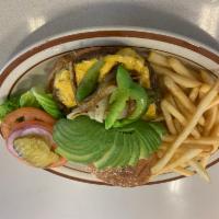 Choi's Burger · 8 o z of grilled  hamburger  patty . Grilled onions, peppers, avocado, & American cheese. wh...