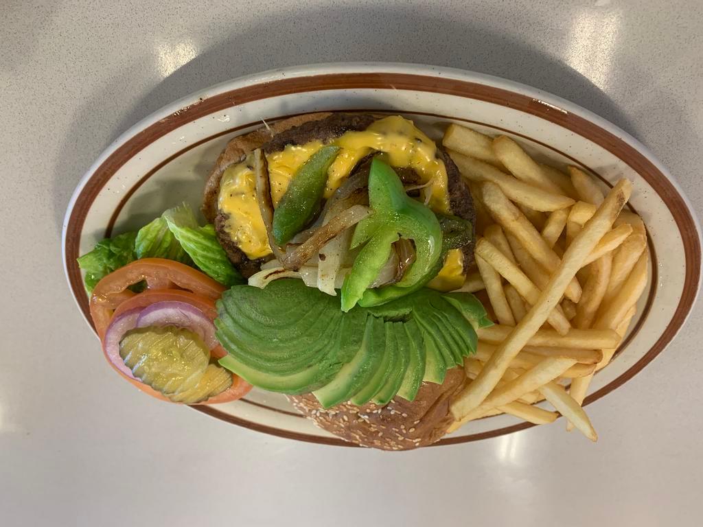 Choi's Burger · 8 o z of grilled  hamburger  patty . Grilled onions, peppers, avocado, & American cheese. whit  lettuce , tomatoes , onions , pickle  .  choice of french fries or coleslaw .