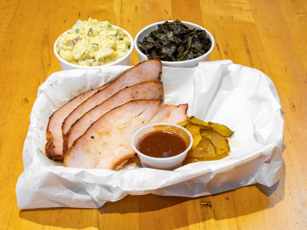 Smokehouse Meat Platter · 1/2 lb. choice of brisket, turkey or pulled pork and 2 small sides.