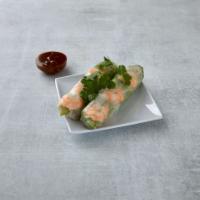 A3. Spring Rolls · 2 rice paper rolls stuffed with shrimp, pork, vermicelli, mint leaves and bean sprouts in th...