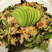 Crab Avocado Salad · Raw. Snow crab, sliced avocado, mixed green salad and bell pepper with creamy tomato dressing.