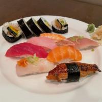 Assorted Sushi Platter · 1 piece of tuna, yellowtail, salmon, shrimp, halibut, eel, seared albacore sushi and asparag...