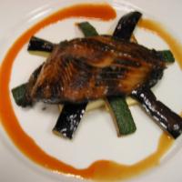 Ginger Black Cod Gindara · Broiled black cod marinated in sweet sake soy sauce, served with fried eggplant, zucchini an...