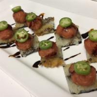Crispy Spicy Tuna · Deep fried rice with spicy tuna on top served with jalapeno and eel sauce. Raw.