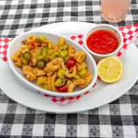 Calamari Fritti · Olive oil flashed garlic & pepperoncini & cherry peppers, served with San Marzano tomatoes &...