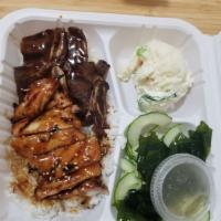 Combo 2 · Teriyaki chicken, BBQ beef, choice of 2 salads & rice.