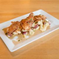 Chicken and Waffles Plate · Crispy fried chicken, buttermilk waffles, vanilla bean creme anglaise, poached pears and loc...